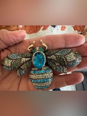 Crystal Bee Brooch in Aqua and Green